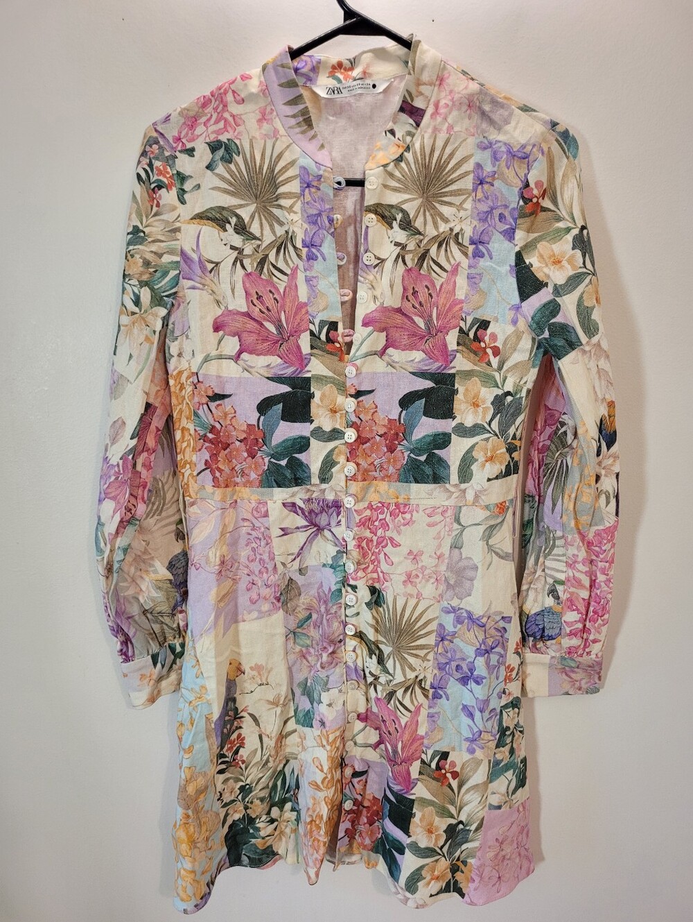 Zara Floral Patchwork Long Sleeve Linen Blend Dress Parrot Print Pink Cream - Xs